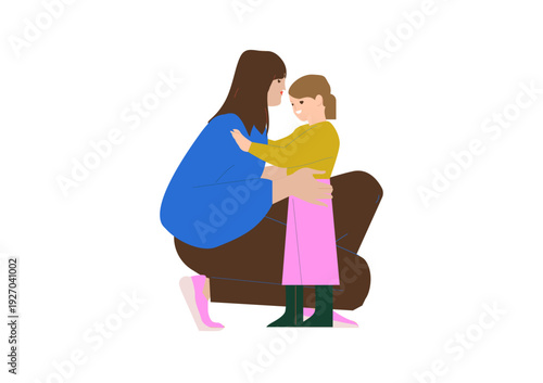 Mother and daughter meeting, hugging. Happy mom and kid embracing, talking. Smiling mum parent glad to see cute girl child. Motherhood concept. Flat vector illustration isolated on white background