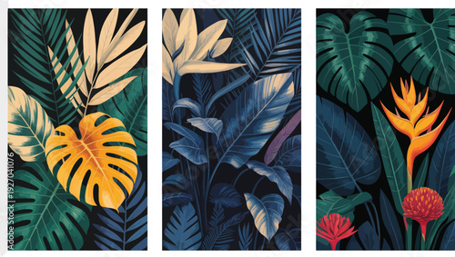 Dark moody tropical triptych artwork featuring a golden-yellow monstera leaf with cream palm fronds and deep green botanical elements