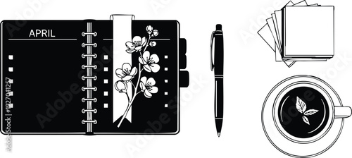 Minimalist black and white vector art of open planner with floral bookmark pen sticky notes and cup of tea with leaf design spring concept simple crisp line art illustration