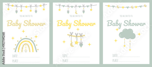A set of invitations for a baby shower party. Cute invitations with a rainbow, a cloud, and a toy pendant. Cute children's style.