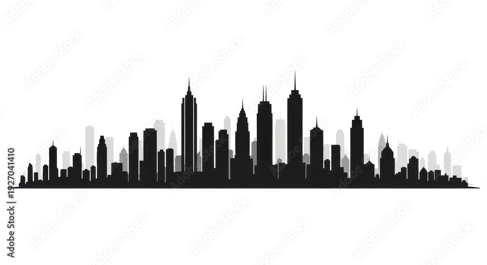 Fototapeta premium Black silhouette of a modern city skyline with diverse skyscrapers against a white background.