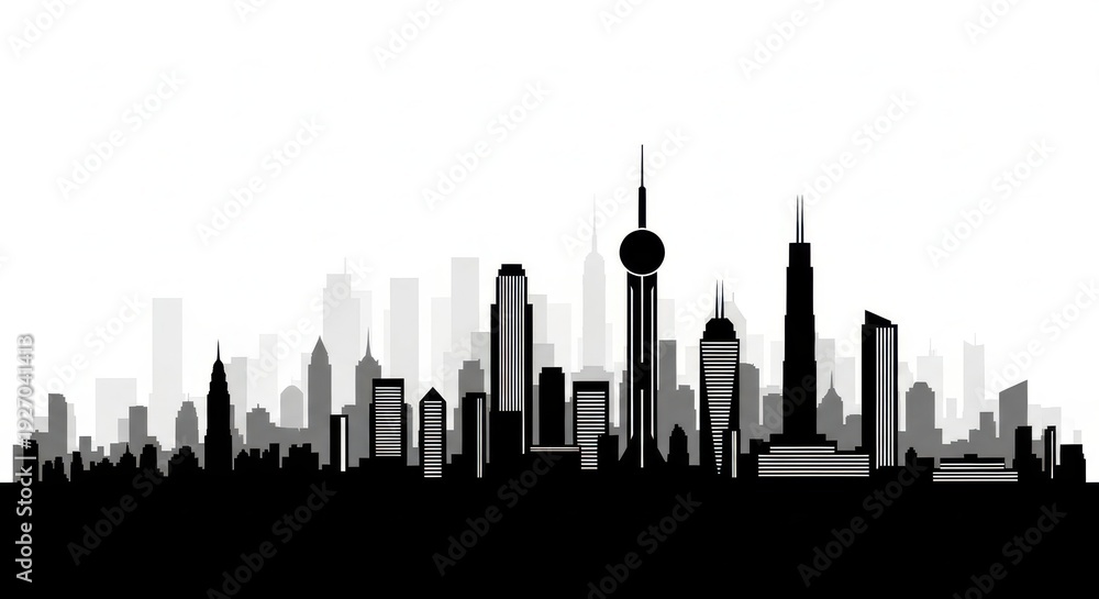 Obraz premium Diverse city skyline silhouette with iconic skyscrapers and modern architecture against white.