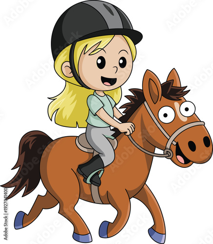 Cute cartoon girl riding happy brown horse, child equestrian illustration with helmet, funny pony character, kids horseback riding clipart isolated on white background