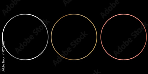 Gold, silver and bronze circle frames. First, second and third place medals isolated on black background. Blank metal ring, button, stamp, emblem, sticker, label. Abstract 3d vector illustration.