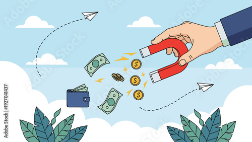 Large hand using powerful magnet to attract flying dollar bills and gold coins representing successful wealth creation and investment profits.