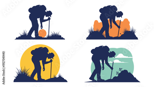 Four silhouettes of hiker with backpack and stick in various outdoor settings under different sun and sky colors for nature journey themes.
