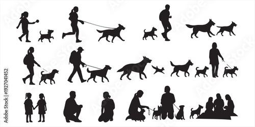 Group people all ages activities with dogs vector silhouette set collection.