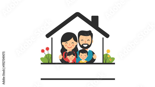 Happy family with two children smiling inside simple house silhouette with colorful flowers nearby representing domestic bliss and home security.