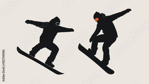 Silhouettes of two snowboarders performing jumps and tricks in the air against a plain background with orange goggles detail.