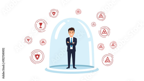 Confident businessman standing inside a glass dome for protection against various warning signs and threats in the digital space.