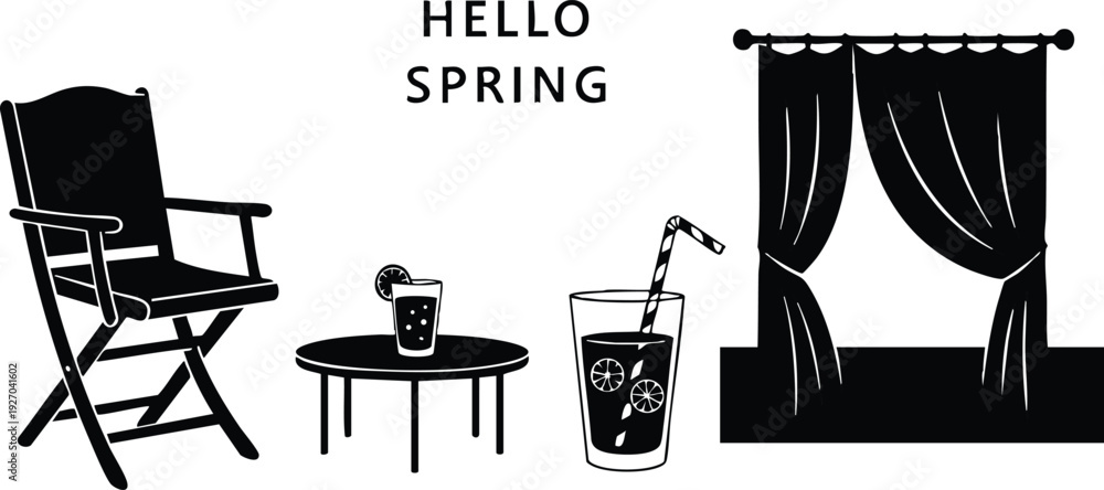 Fototapeta premium Minimalist black vector art of folding chair and round table with glass of iced drink by window with curtain and hello spring text in simple flat design style summer vibe illustration