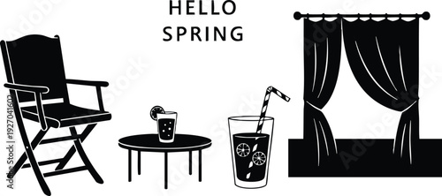 Minimalist black vector art of folding chair and round table with glass of iced drink by window with curtain and hello spring text in simple flat design style summer vibe illustration