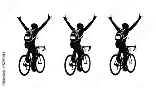 Silhouettes of three cyclists riding bicycles and raising their arms in a gesture of victory and celebration against a white backdrop.