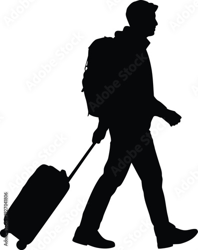 A silhouette of a traveler with luggage walking on a path