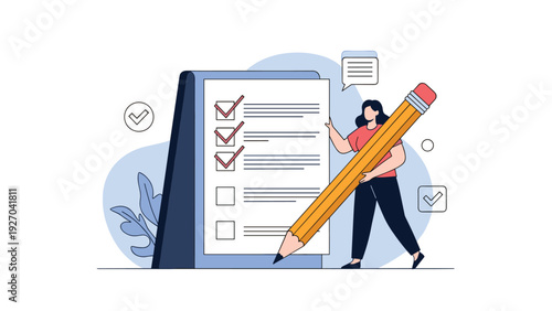 Young woman in a red shirt marking off items on a large to-do list on a standing board representing task organization and success.