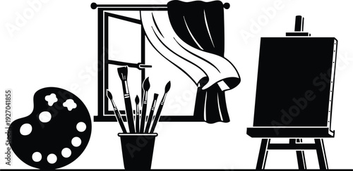 Minimalist black and white vector art showing artist palette brushes cup easel and flowing curtain by window with creative tools for spring season greeting and hello word design