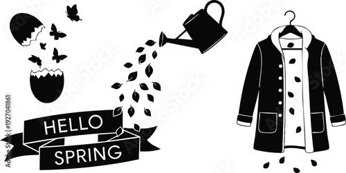 Black and white vector art showing butterflies flying out of broken egg with watering can pouring leaves and coat dripping leaves hanging on hanger spring and hello text banner