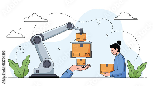 Robotic arm and a human worker collaborating in a warehouse to pack and sort cardboard boxes representing modern automation.