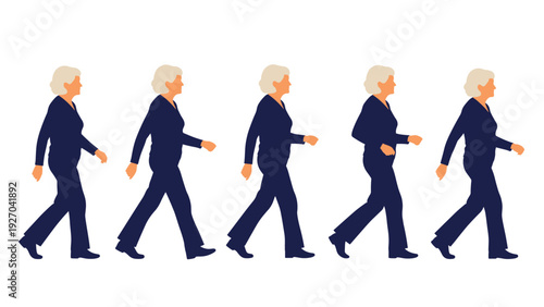 Sequence of silhouettes showing an elderly woman walking from left to right representing movement, health, and active aging.