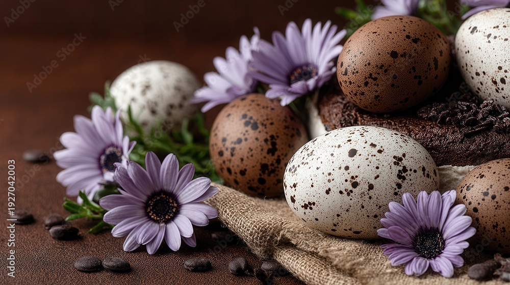 Obraz premium Close-up of white eggs and delicate flowers arranged on a textured cloth, surrounded by scattered dark coffee beans, ideal for breakfast or spring themes.