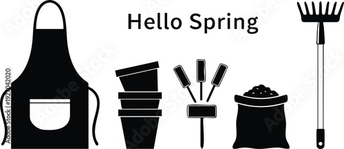 Minimalist black gardening icons including apron pots signs soil sack and rake with hello spring text vector illustration simple design
