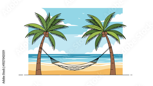 Relaxing summer beach scene with a white hammock tied between two palm trees overlooking the calm turquoise ocean water.