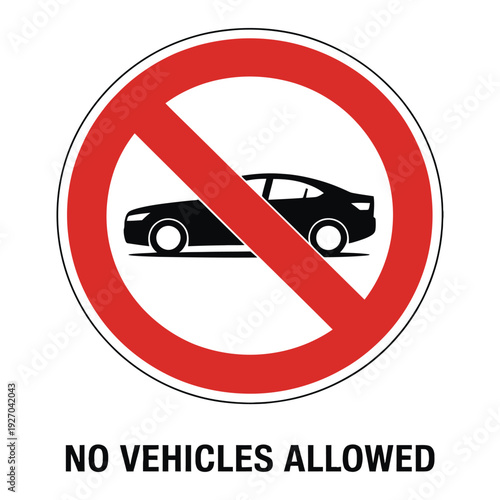 No vehicles allowed sign vector illustration with red circle and slash car silhouette traffic regulation warning symbol transport restriction notice parking prohibited area roadway message