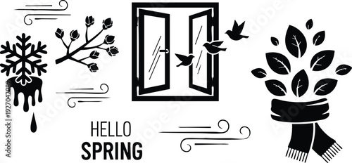 Minimalist black and white vector art showing melting snowflake branch birds flying through open window fresh leaves with scarf and hello spring text seasonal transition concept