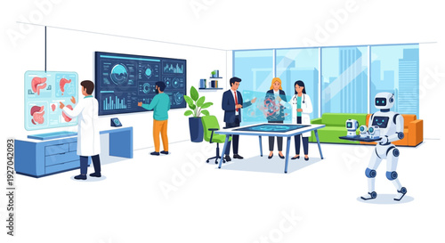 Modern Laboratory with Scientists and Robot.