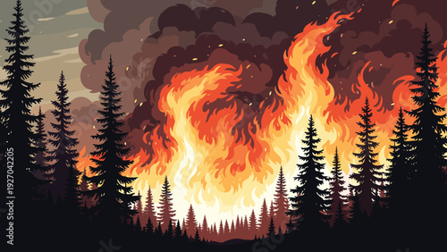 Dramatic pixel art illustration of a massive forest fire burning through pine trees with thick smoke and glowing flames.