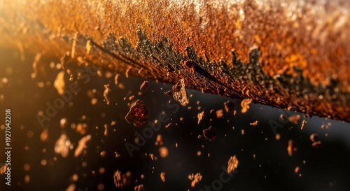 Close-up of a rusty pipe with flaking and falling pieces of rust and warm sunlight