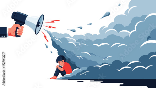 Conceptual illustration of a giant hand holding a megaphone and shouting at a lonely child hiding from thick smoke clouds.