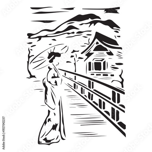 Traditional Japanese Woodcut Art featuring Woman, Umbrella, Bridge, and Temple
