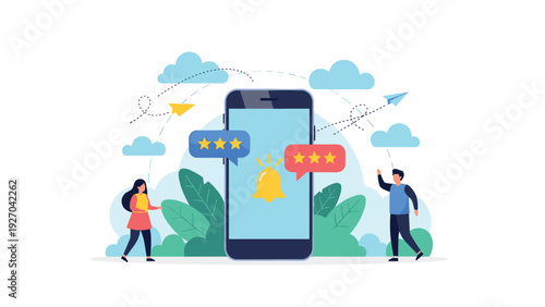 Customer review platform on smartphone screen with star ratings and notification bell showing user feedback and engagement for mobile app.