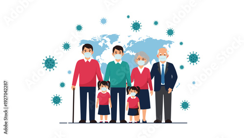 Family wearing protective face masks against backdrop of world map and virus particles representing global pandemic and public health safety.
