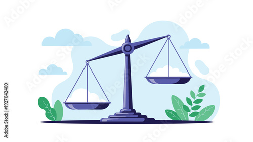 Balancing scale standing level against soft cloud background representing justice equality and fair distribution of resources in human society.