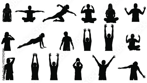 Collection of human silhouettes performing various exercise and yoga poses demonstrating physical fitness and wellness for active lifestyle themes.