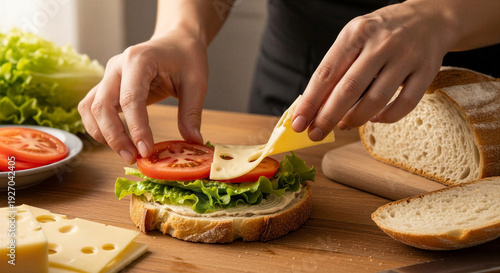 A man is happy to make a sandwich with fresh lettuce and tomatoes in a cozy kitchen