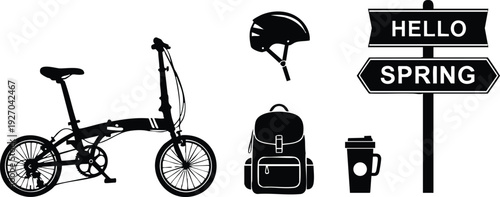 Minimalist black silhouette bicycle helmet backpack coffee cup and directional sign saying hello spring vector design icons for outdoor lifestyle and travel illustration