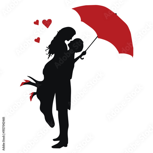 Romantic Couple Silhouette Embrace with Red Umbrella and Hearts