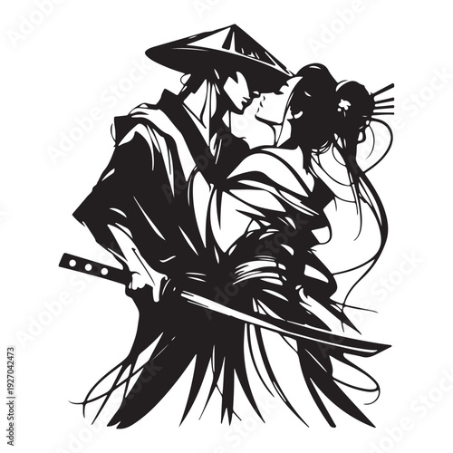 Monochrome Japanese Warrior and Woman Romantic Embrace Vector Illustration