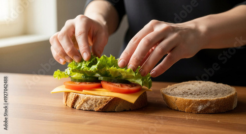 Person making a sandwich with fresh vegetables and cheese on a wooden table