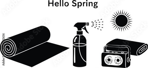 Black silhouette spray bottle spraying water with rolled yoga mat and vintage radio under sunny weather vector illustration with hello spring text