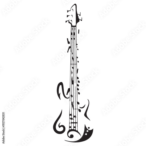 Stylized Black Guitar with Musical Elements and Abstract Swirls on White