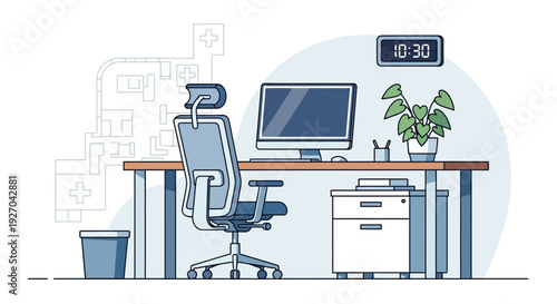 Modern Office Desk Setup with Computer and Ergonomic Chair.