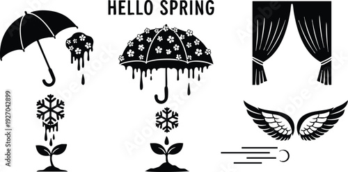 Minimalist vector art with umbrellas dripping floral rain over seedlings and snowflakes falling under umbrella with spring text bright simple silhouette icons