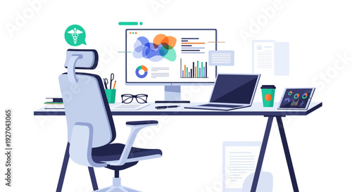 Modern Office Desk Setup with Computer and Laptop.