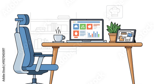 Modern Office Desk Setup with Ergonomic Chair and Laptop.