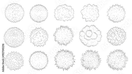 Shrub and Bush Symbols with Varied Textures Plan View Outline Vector Set