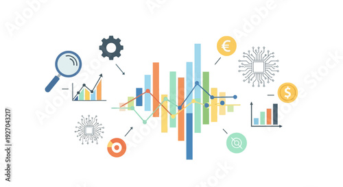 Data Analysis and Business Intelligence Concept Illustration. Financial Growth, Statistics Visualization, Market Research, and Digital Technology Integration.
